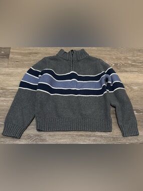 Kids Gray Zip-Neck Sweater with Navy & Light Blue Stripes